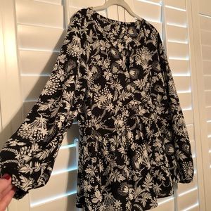 LOFT black/white floral long sleeve peplum blouse size XL
